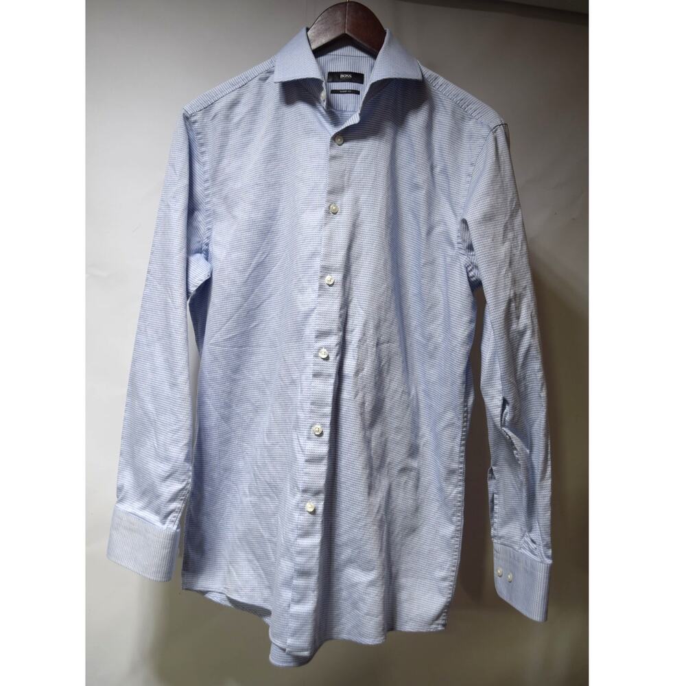 Hugo Boss Sharp Fit Men’s 15.5 32/33 Light Blue Micro Pattern Dress Shirt